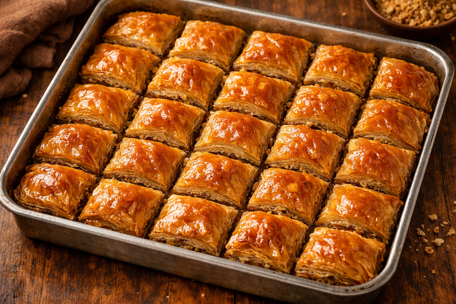 Tepsideki altın rengi ev yapımı baklava katları