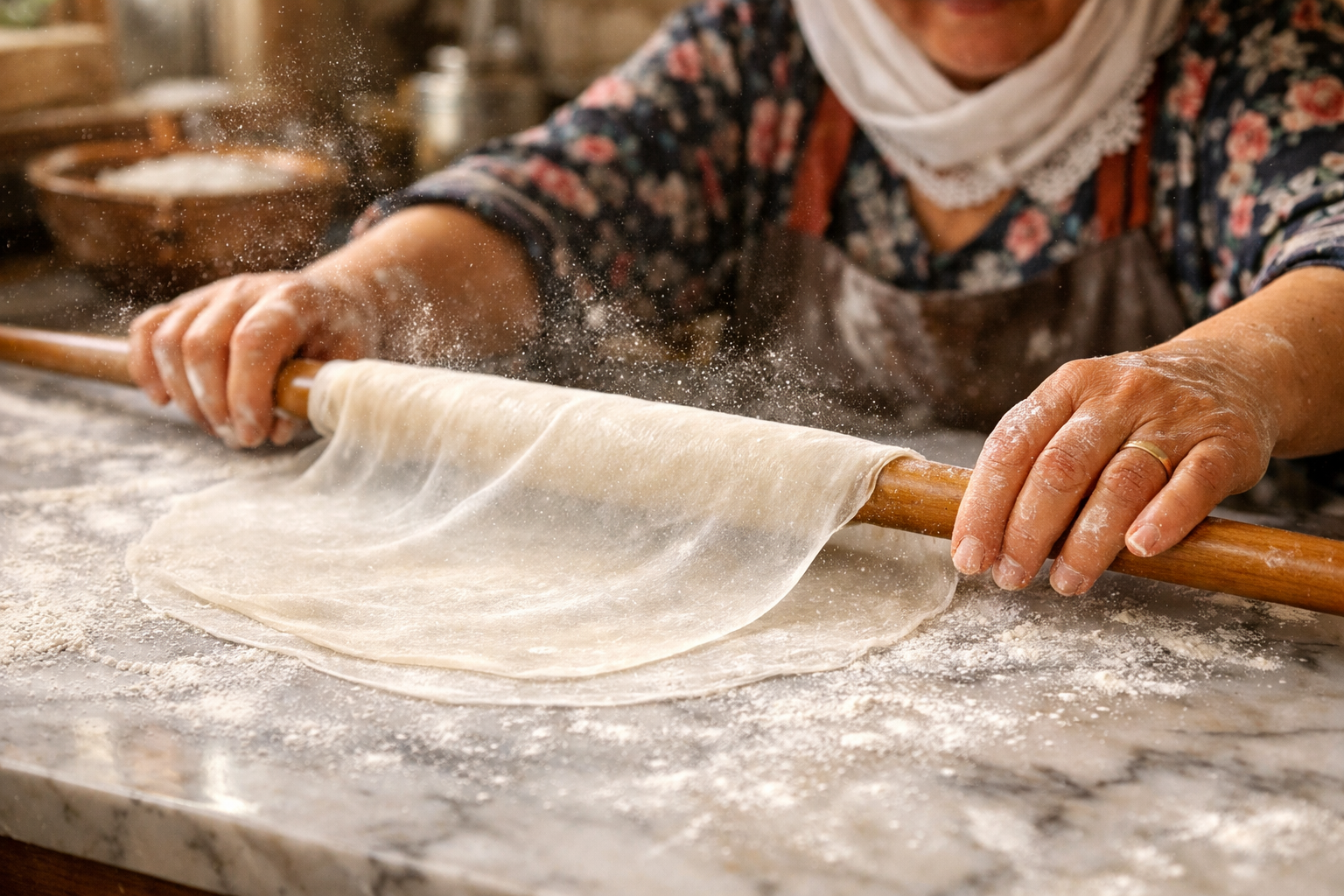Oklava ile ince baklava yufkası açılırken nişastalı tezgah