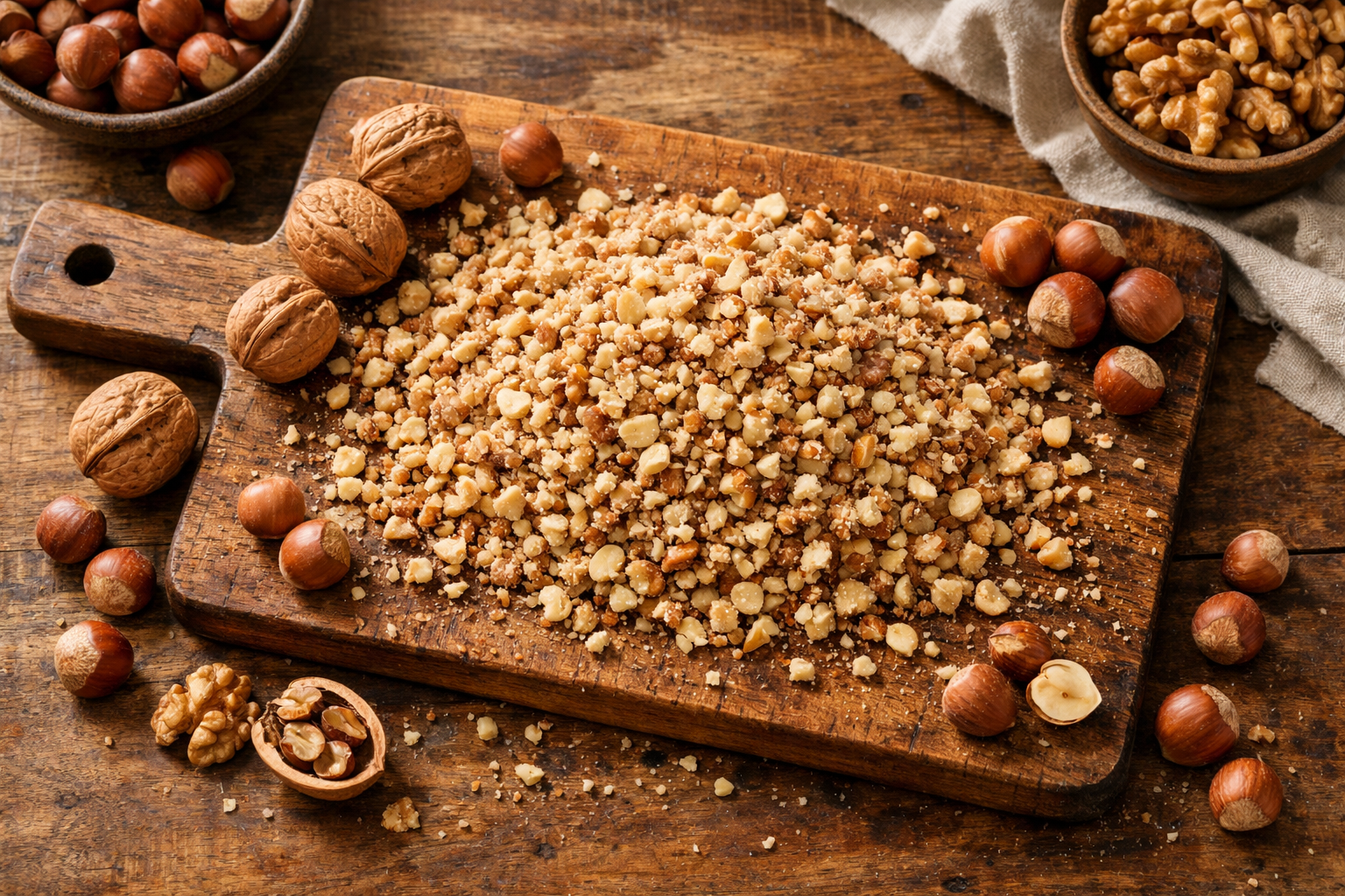 Bıçakla ince doğranmış taze ceviz ve fındık karışımı