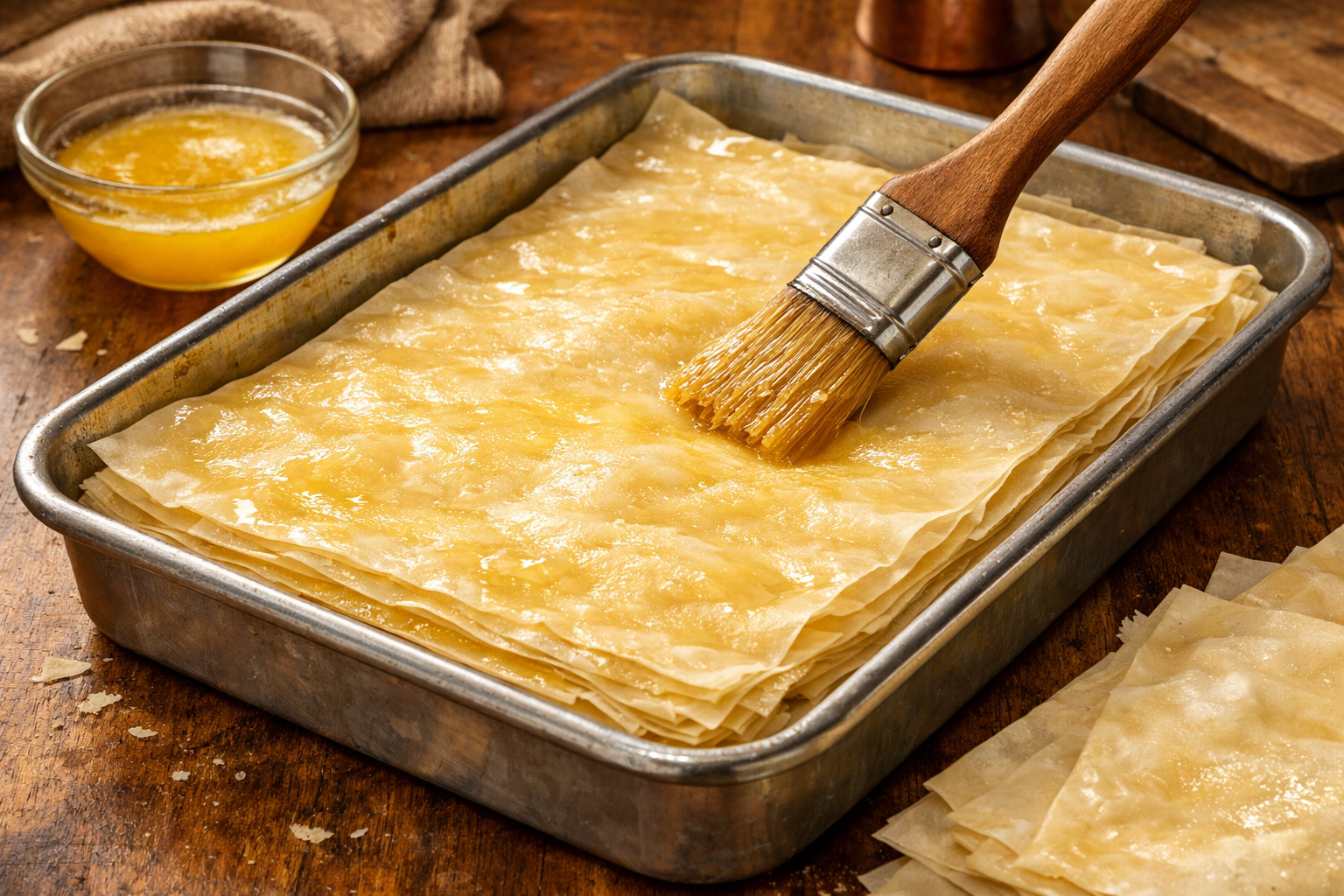 Fırın tepsisinde üst üste dizilmiş yağlanmış baklava yufkaları