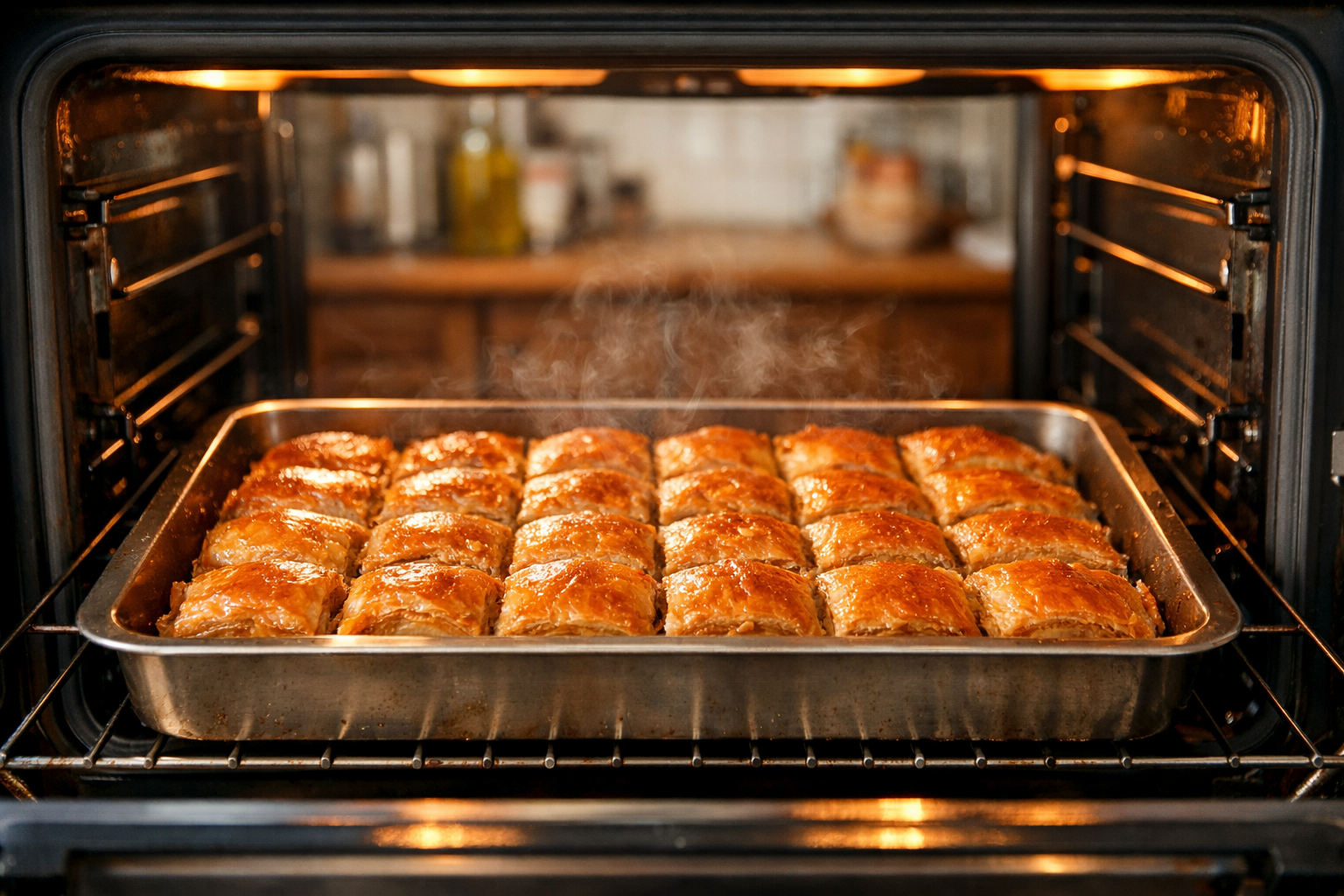 Fırında kızarmakta olan altın rengi baklava tepsisi