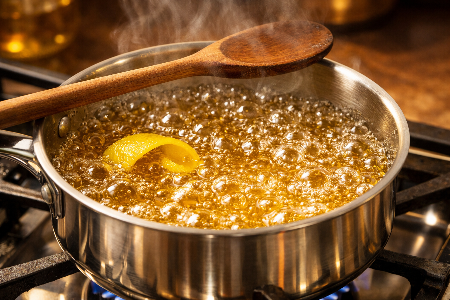 Tencerede kaynatılmakta olan berrak baklava şerbeti