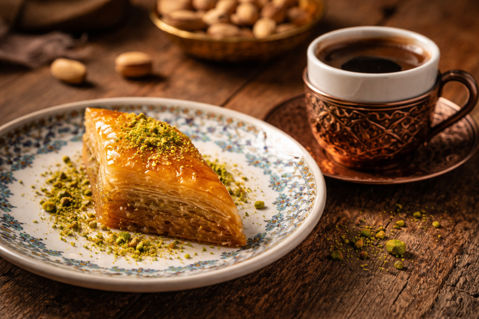 Tabakta servis edilen tek dilim baklava, yanında Türk kahvesi